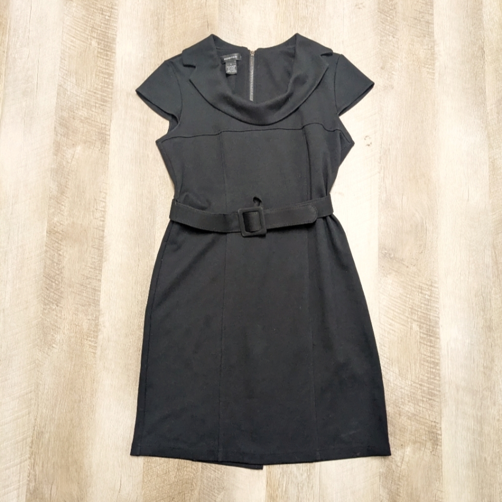 Spense Belted Black Cowl Neck Dress